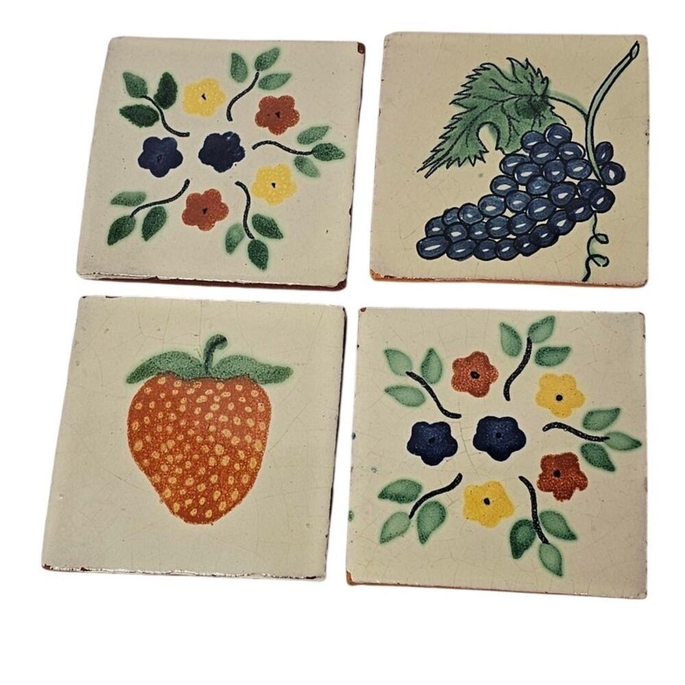 Vintage Mexican Hand-Painted Tile Set of 4, Strawberry Grapes Floral Folk Art